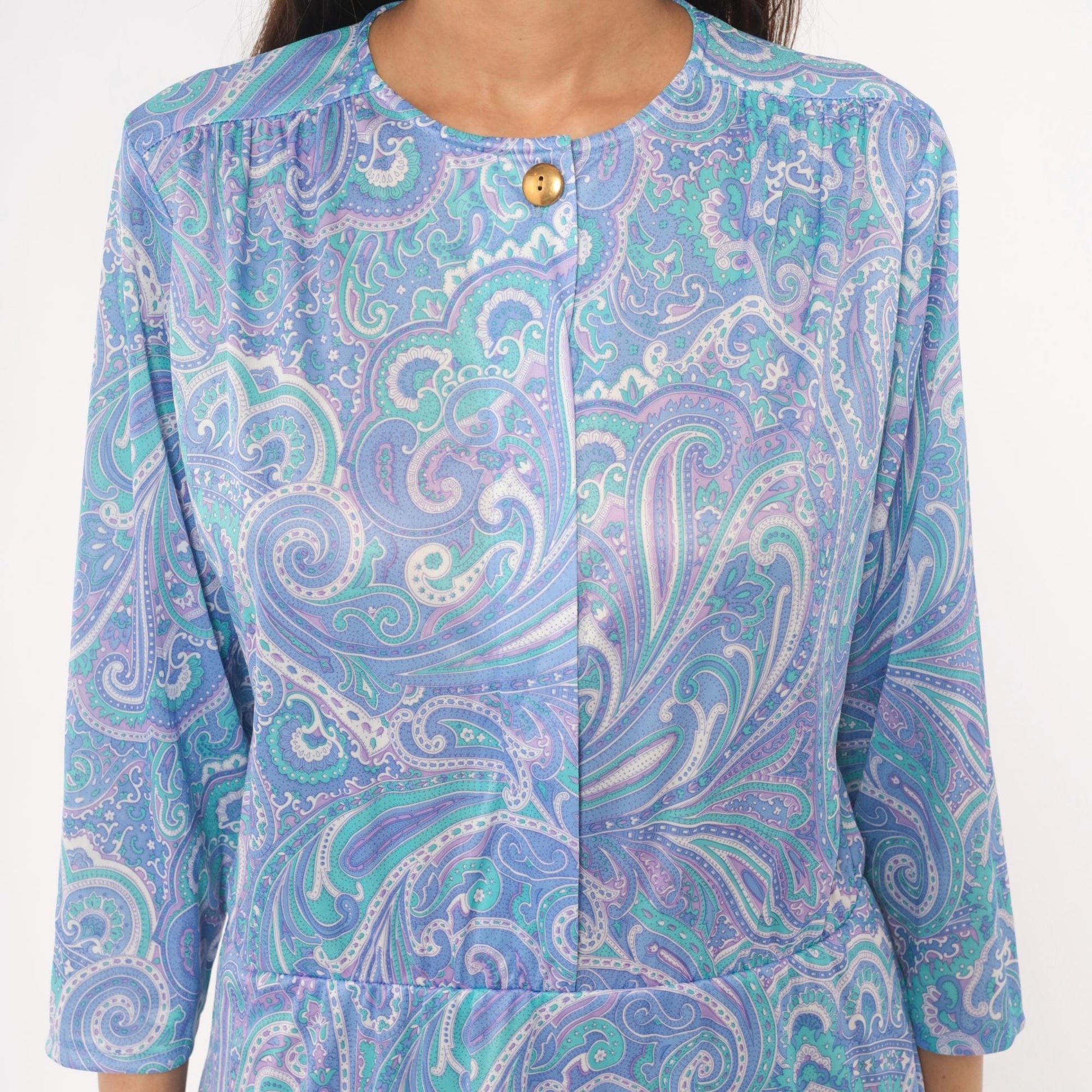 90s Blair Paisley Midi Dress Periwinkle Purple Teal Swirl Print Medium M