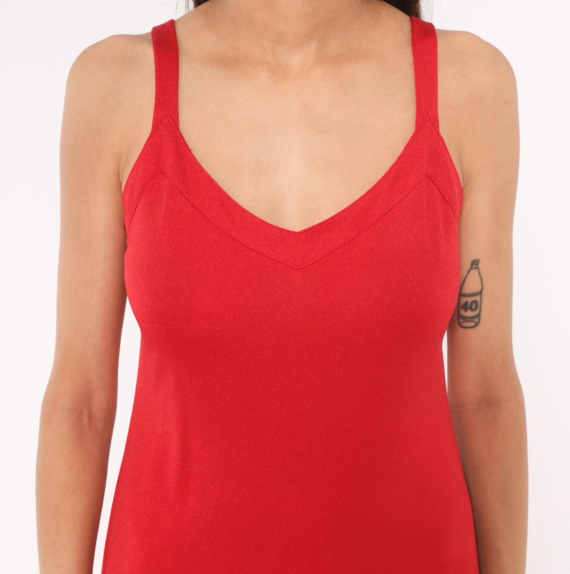 70s Red Maxi Dress V Neck A-Line Slip Gown Strappy Tank Medium M