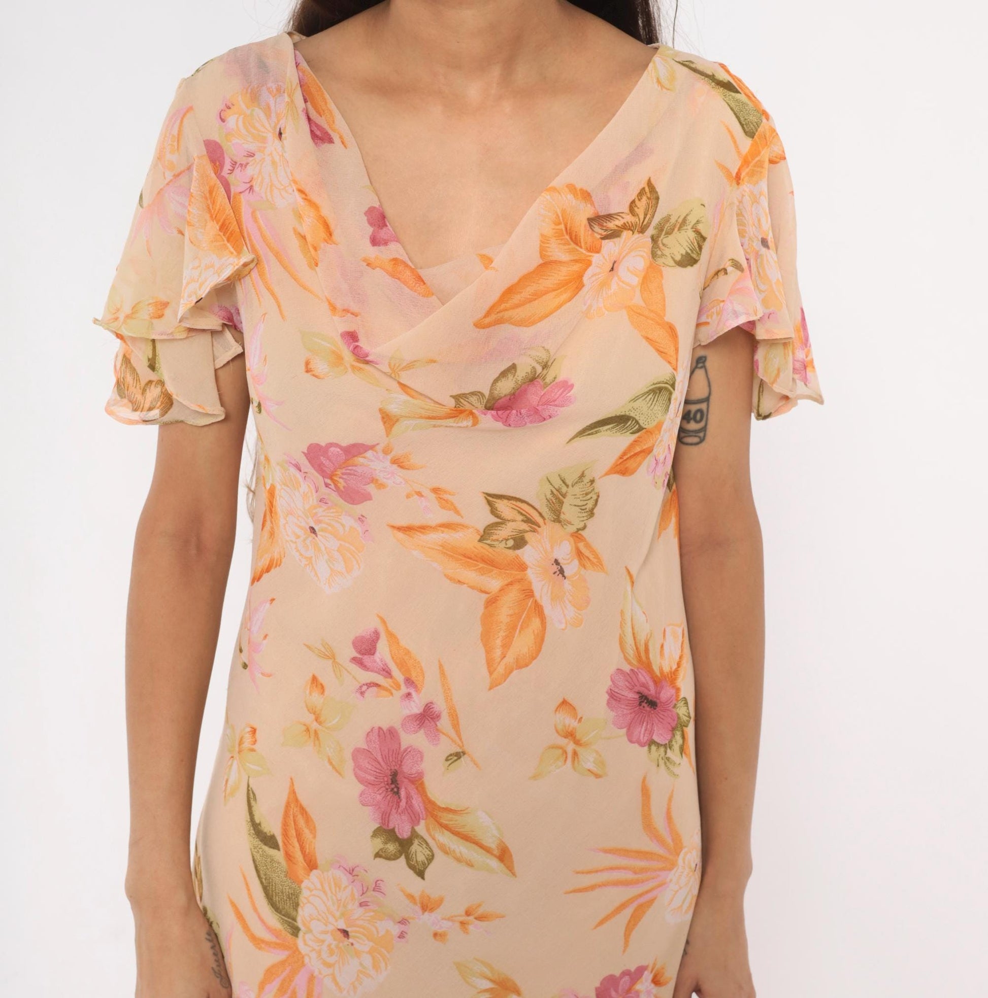 80s Jessica Taylor Peach Floral Maxi Dress Flutter Sleeve Cowl Neck Large L