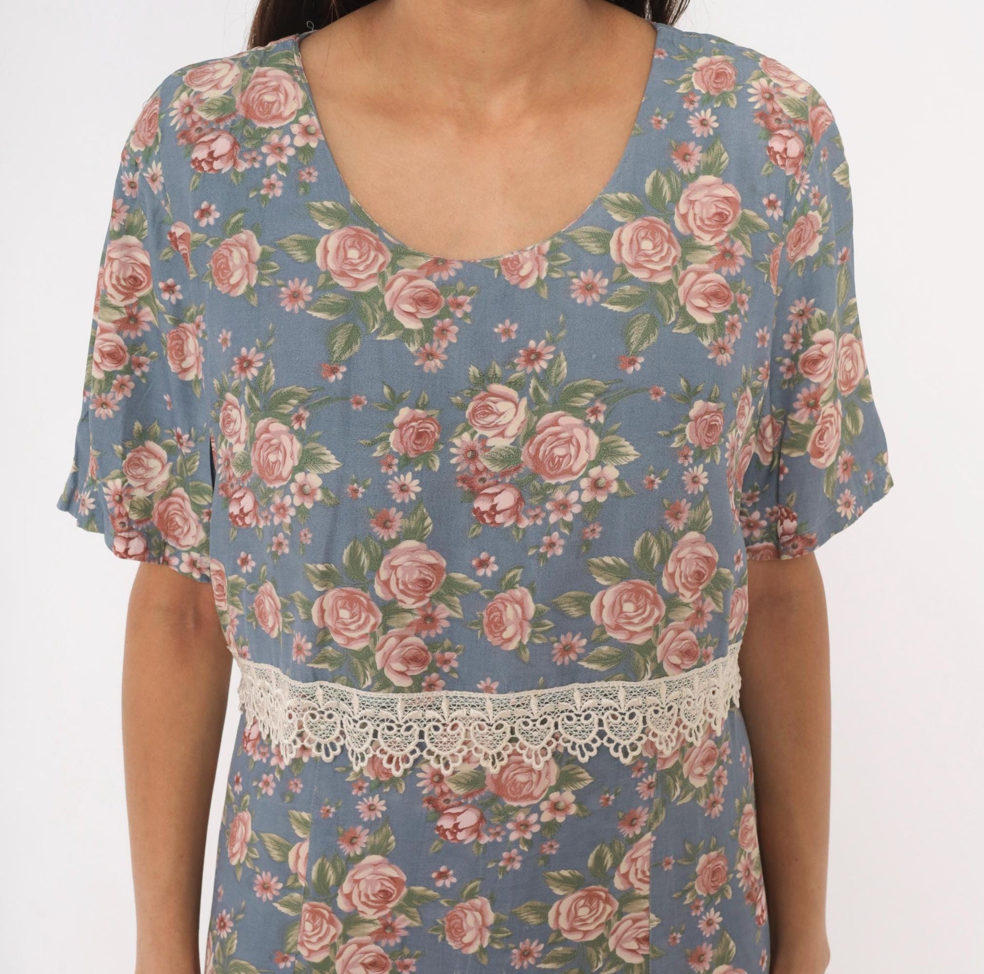 90s Ms. Basia California Floral Dress Dusty Blue Rose Print Flutter Sleeve Large L
