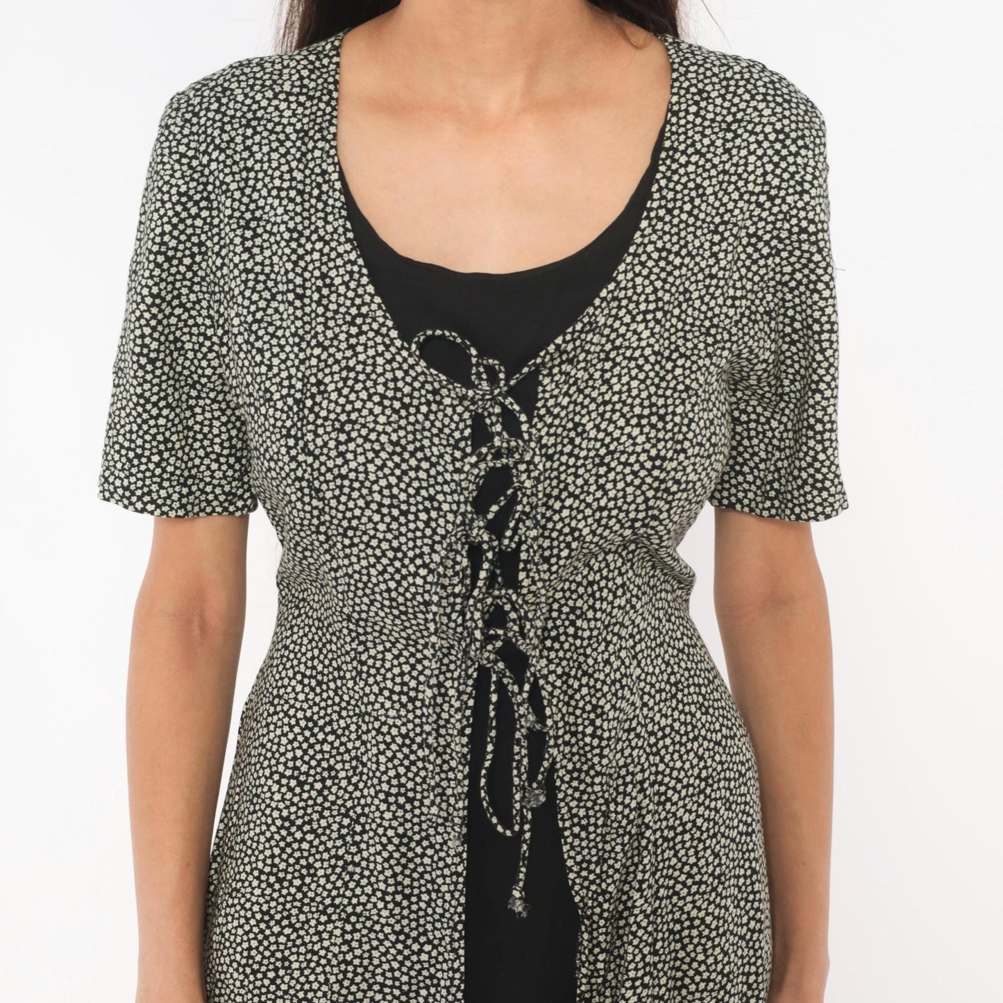 90s Statements Black Cream Dotted Midi Dress Lace-Up Front Medium