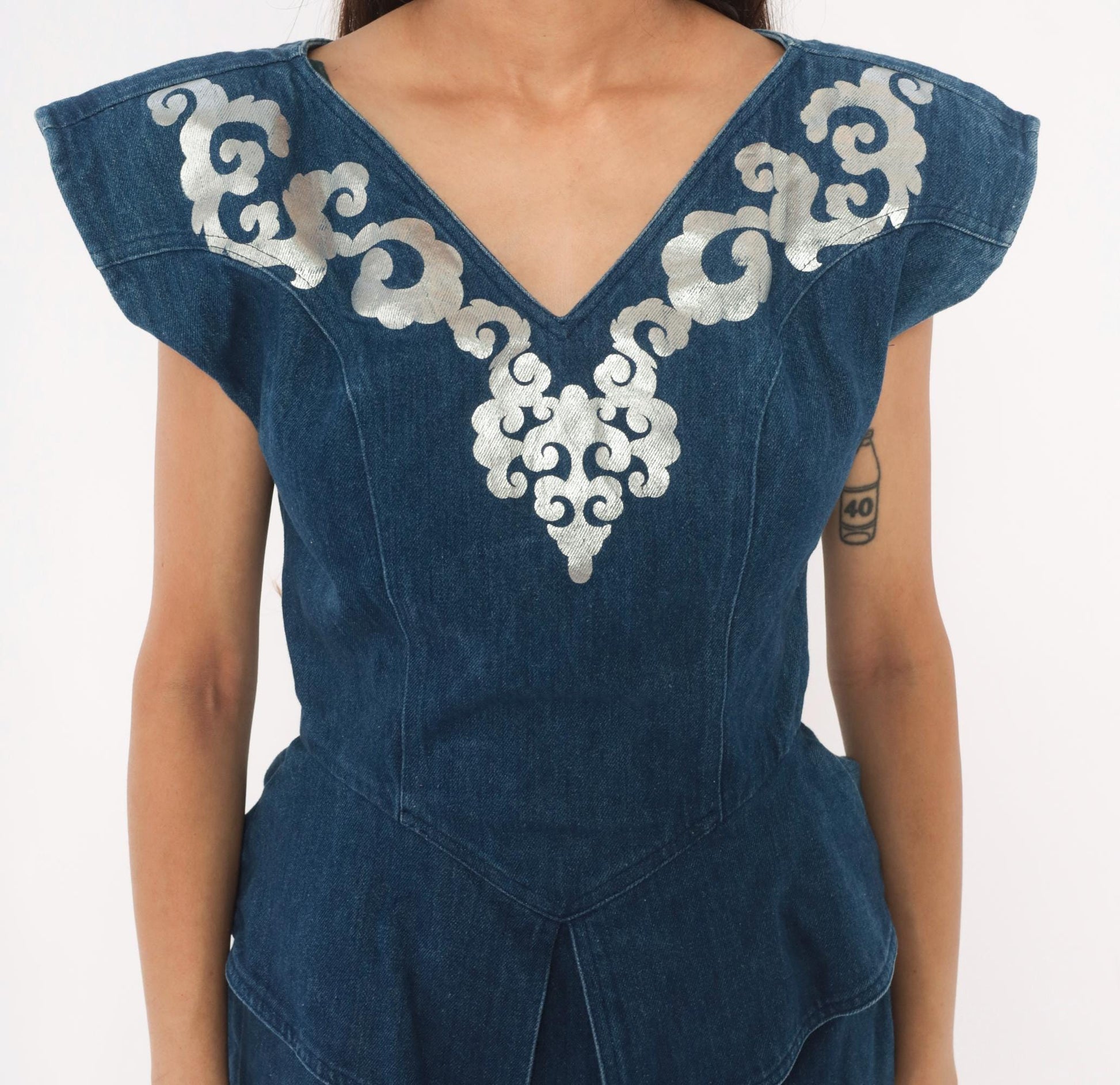 80s Young Edwardian Navy Denim Midi Dress Silver Applique Peplum Small
