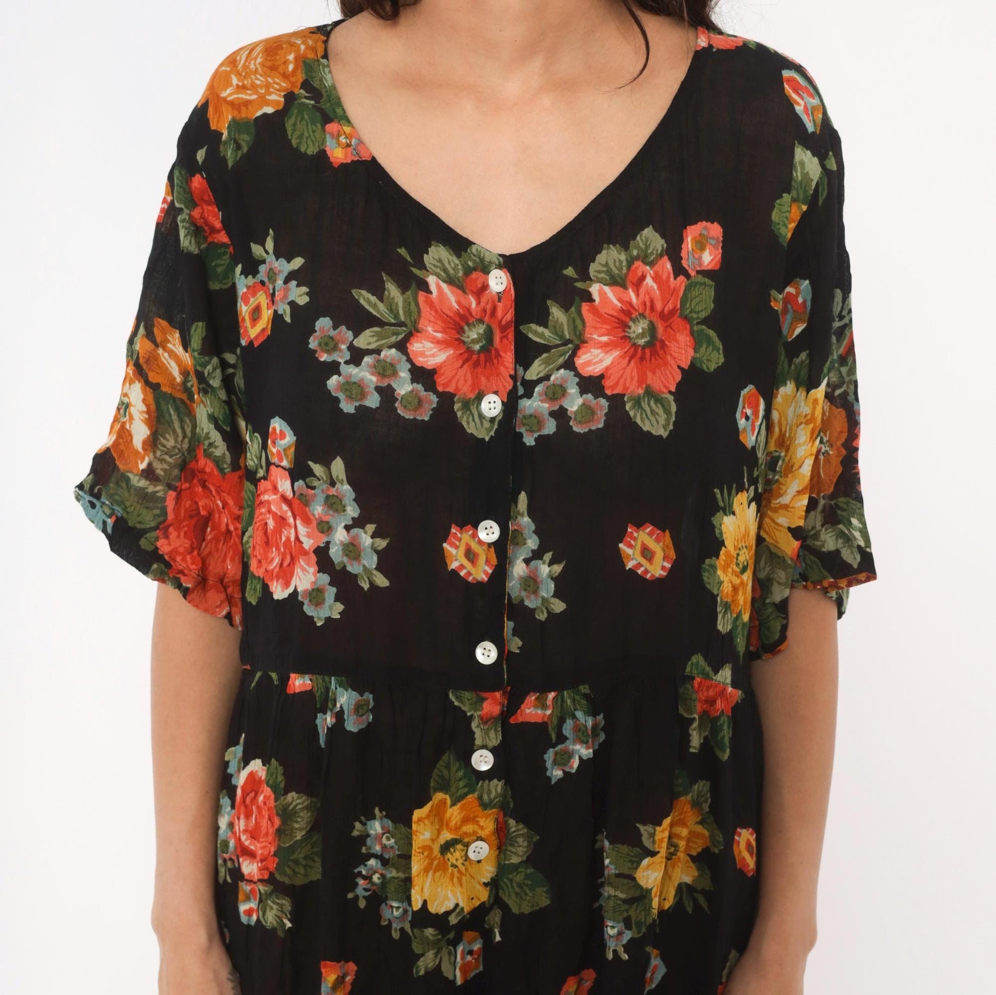 90s La Cera Floral Jumpsuit Black Rose Wide Leg V Neck Short Sleeve Extra Large XL