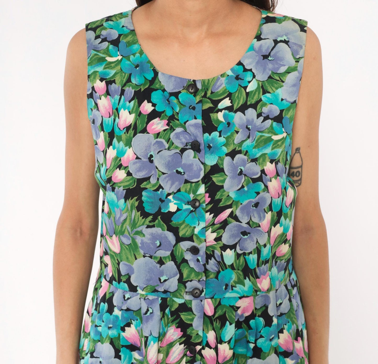 90s Maggie Breen Floral Jumpsuit Sleeveless Cotton Wide Leg Black Garden Print Medium