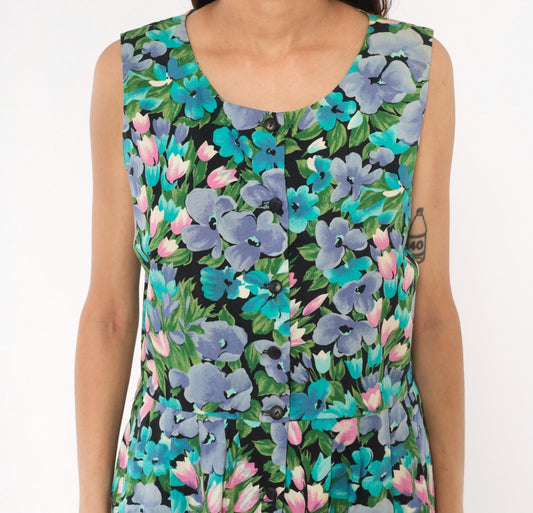 90s Maggie Breen Floral Jumpsuit Sleeveless Cotton Wide Leg Black Garden Print Medium