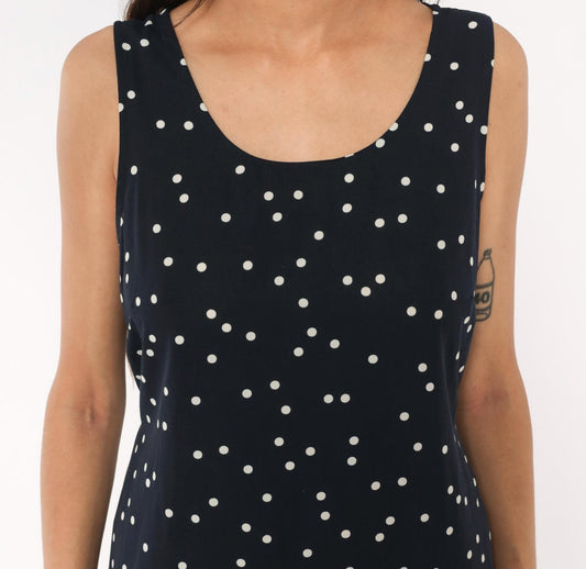 90s Navy Polka Dot Midi Dress Sleeveless Scoop Neck White Spotted Medium