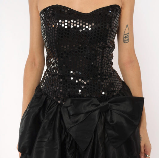 90s Roberta Black Sequin Strapless Mini Dress Sweetheart Neckline XS