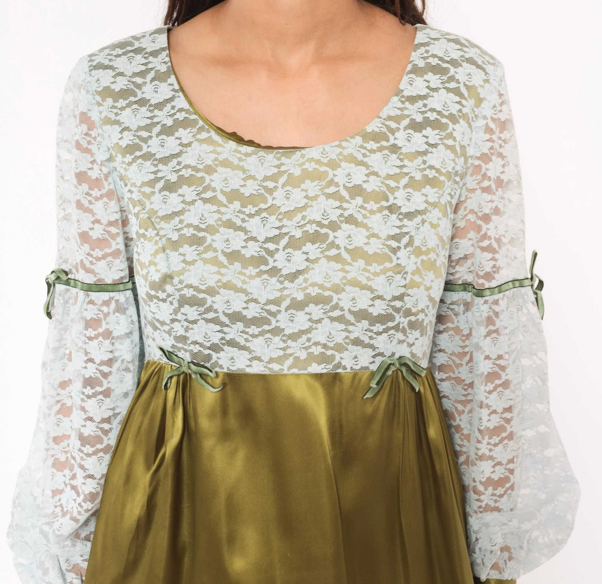 70s Olive Satin Babydoll Dress White Lace Empire Waist Balloon Sleeve Mini Medium