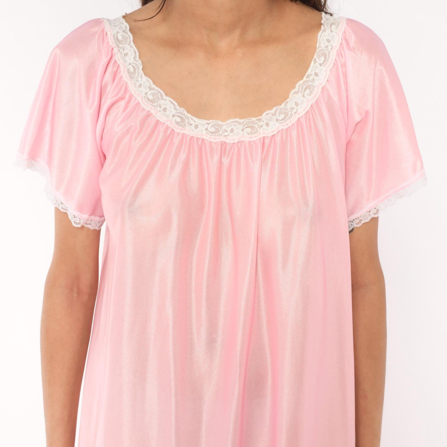 80s Private Moments Pink Maxi Nightgown Lace Trim Flutter Sleeve One Size