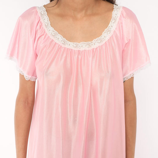 80s Private Moments Pink Maxi Nightgown Lace Trim Flutter Sleeve One Size