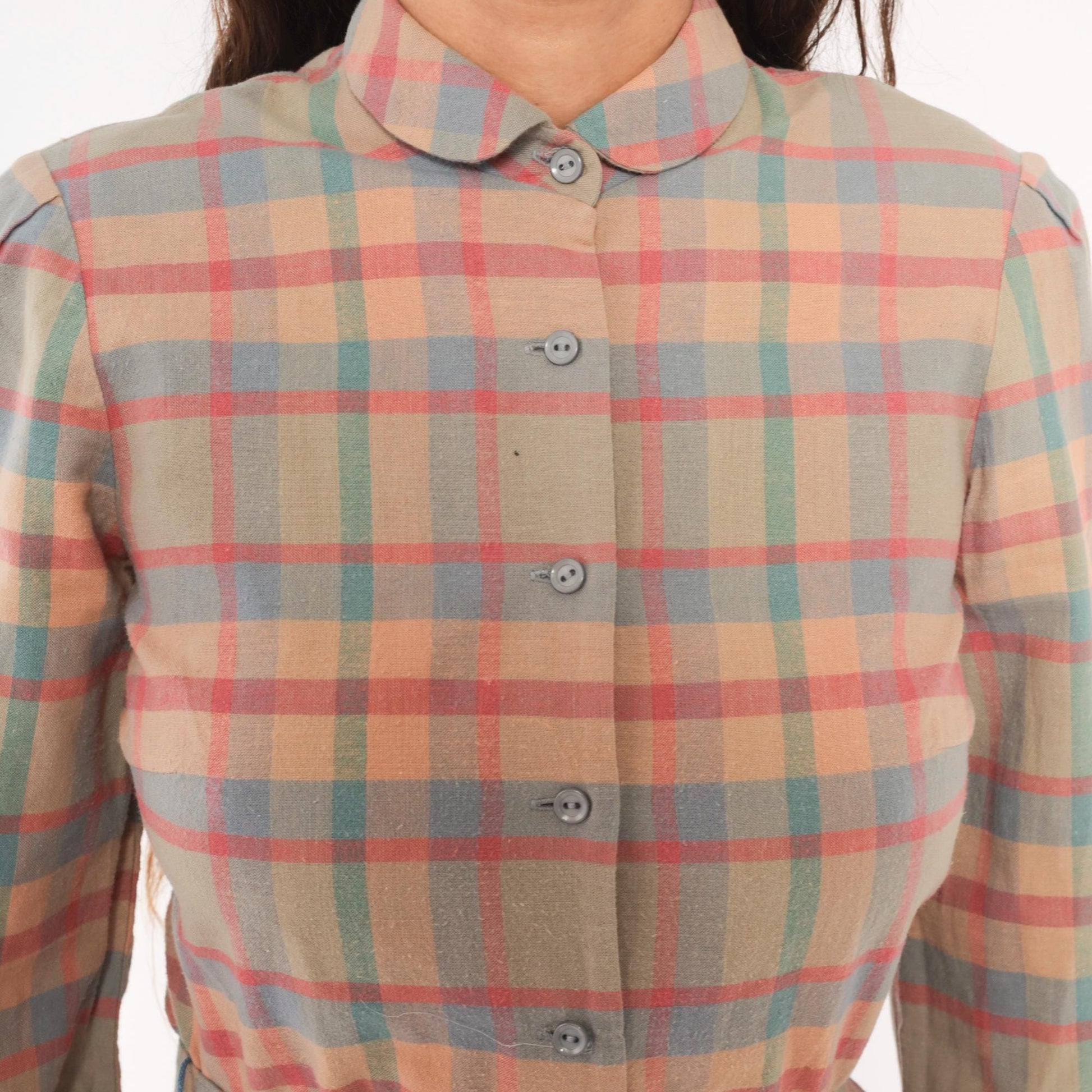 80s St. Maxime Plaid Shirtdress Peter Pan Collar Pastel Pink Blue Tan Medium