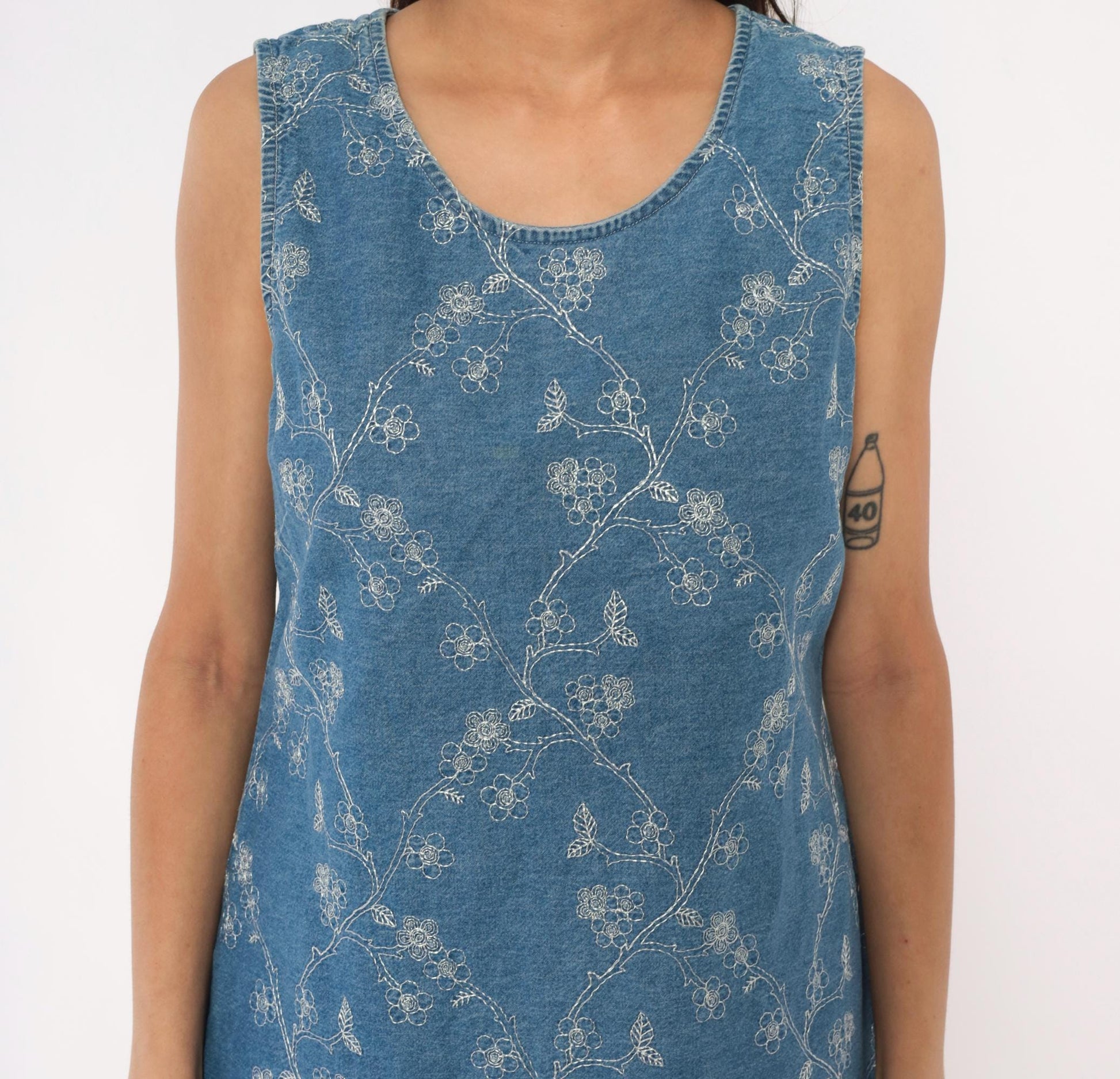 90s Vision Apparel Denim Dress Floral Embroidered Blue Sleeveless Large L
