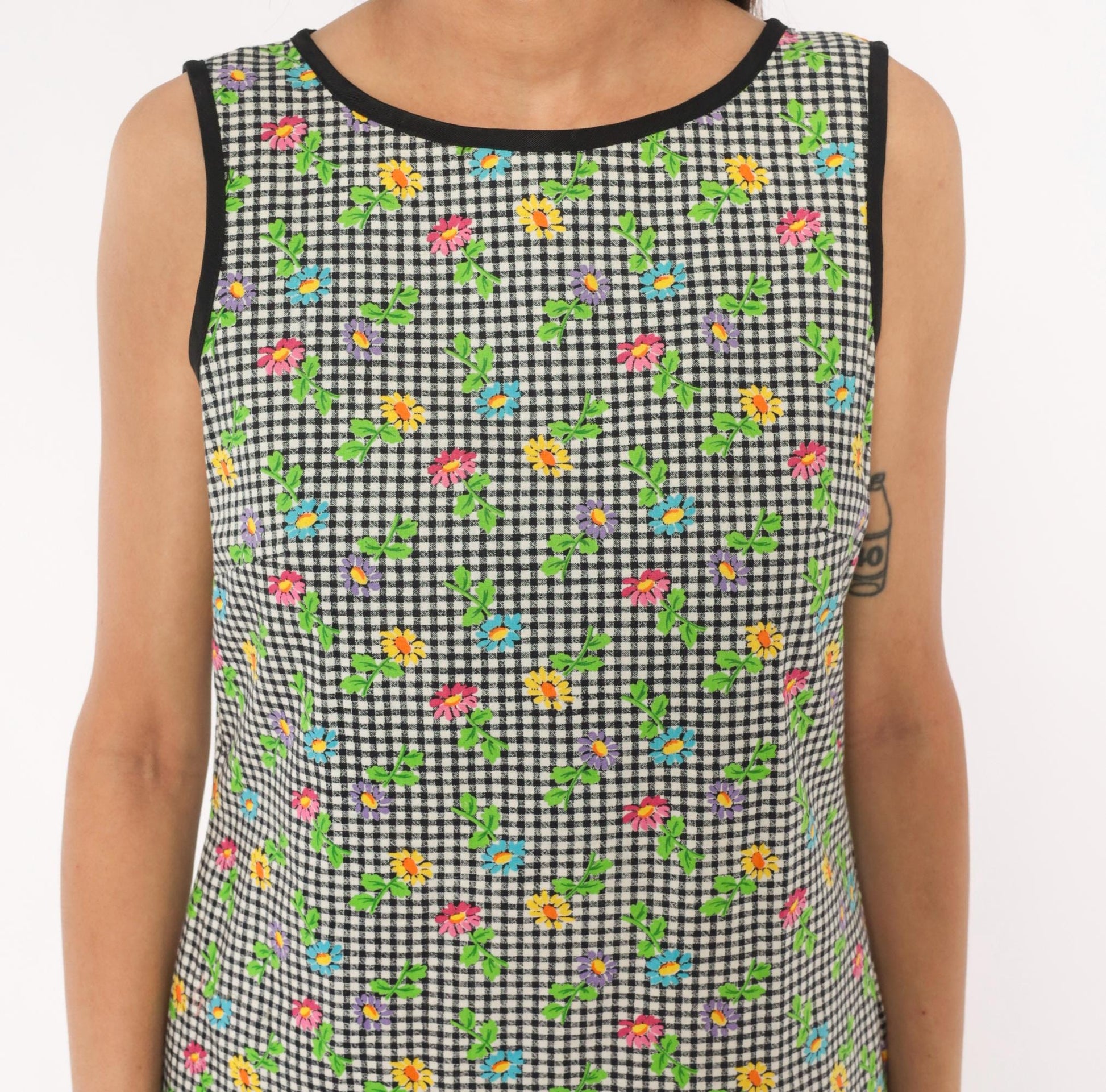 90s Misty Lane Gingham Daisy Shift Dress Cotton Black White Small