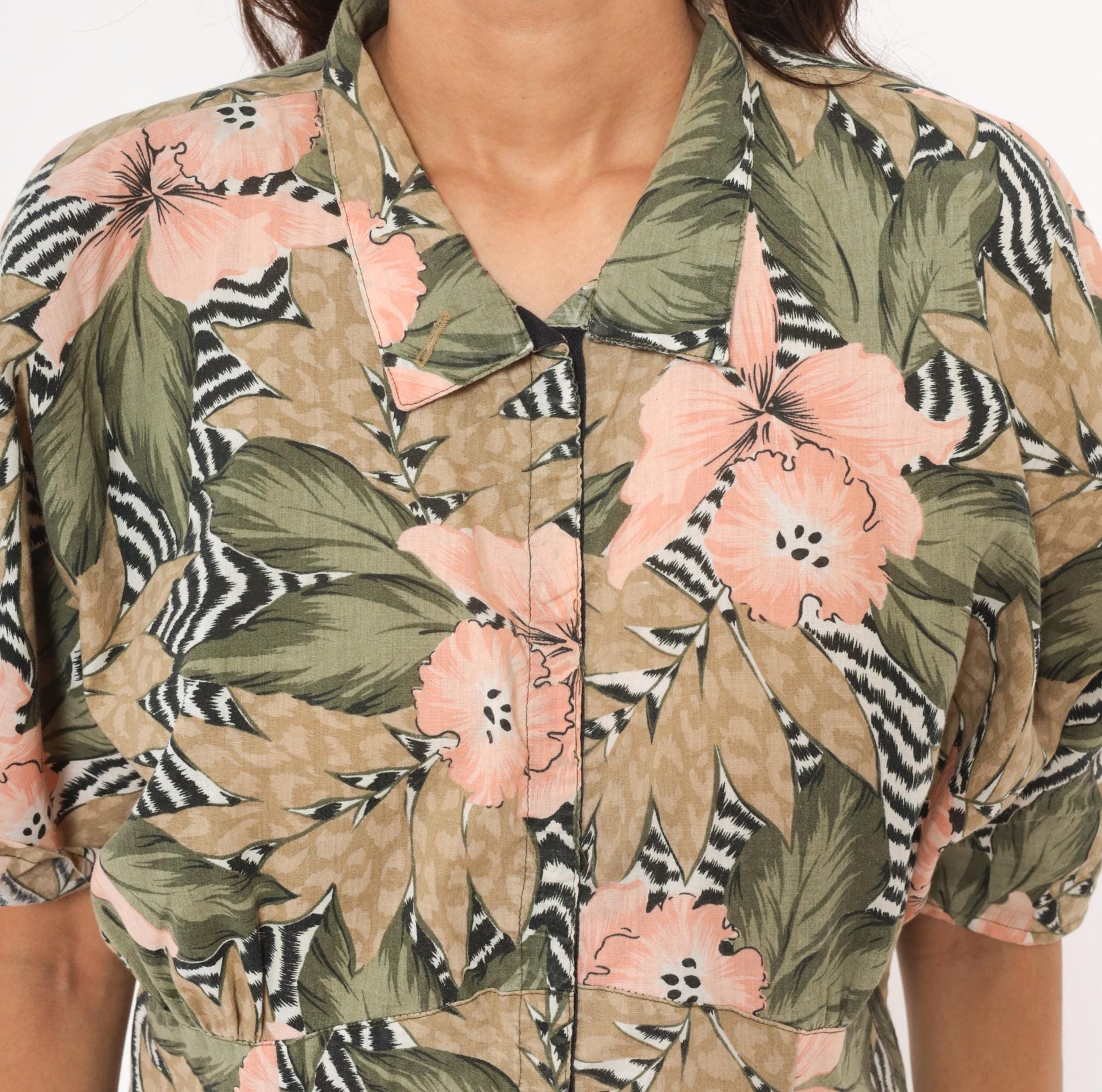 90s Tropical Hibiscus Shirt Dress Floral Print Drop Waist Snap Front Large L
