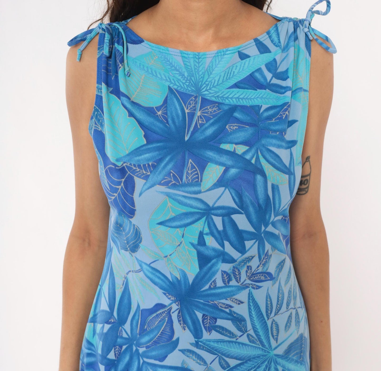 Y2K Rave City Blue Tropical Leaf Mini Dress Sleeveless Tie Shoulder Large L