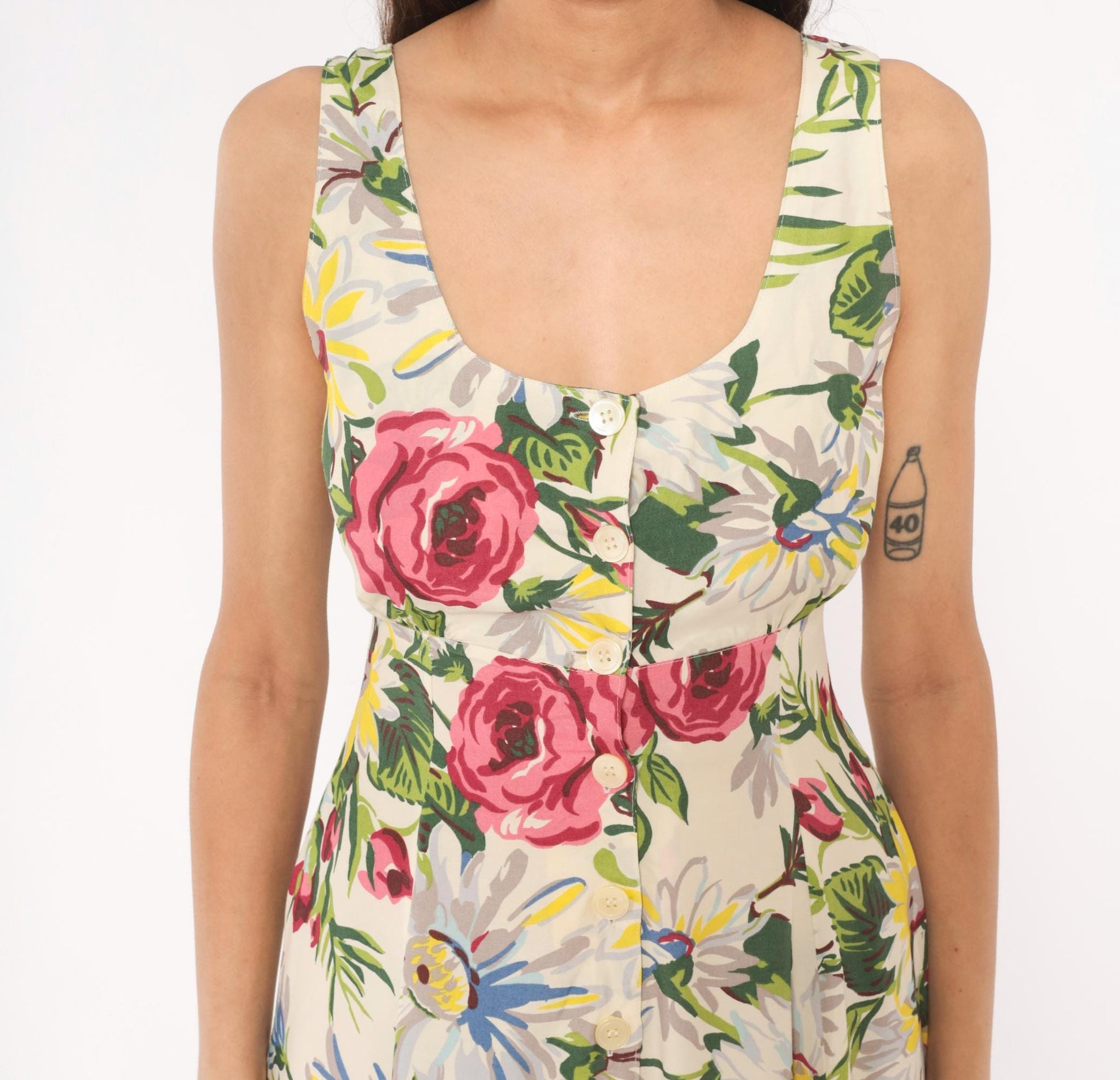 90s Esprit Floral Sundress Rose Daisy Print Button Front Cream Small