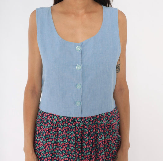 90s Raspberry Chambray Midi Dress Button Front Pockets Cotton Large L