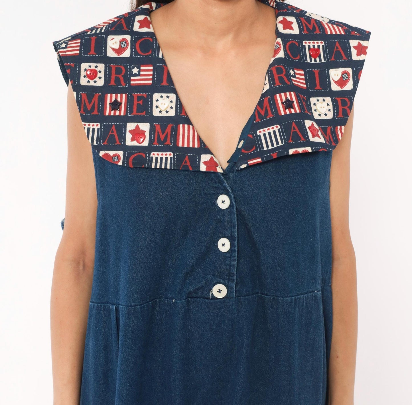 90s Americana Patchwork Denim Maxi Dress Navy Sailor Collar Plus Size XXL