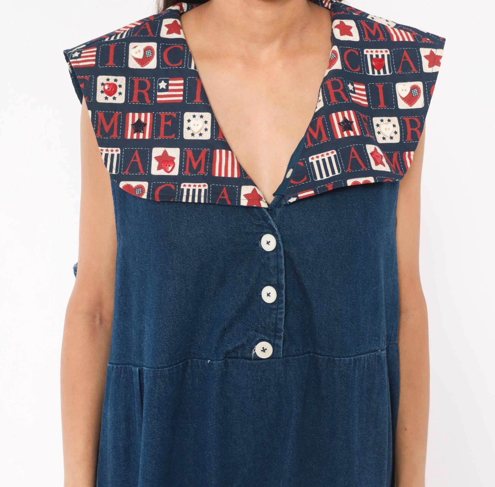 90s Americana Patchwork Denim Maxi Dress Navy Sailor Collar Plus Size XXL