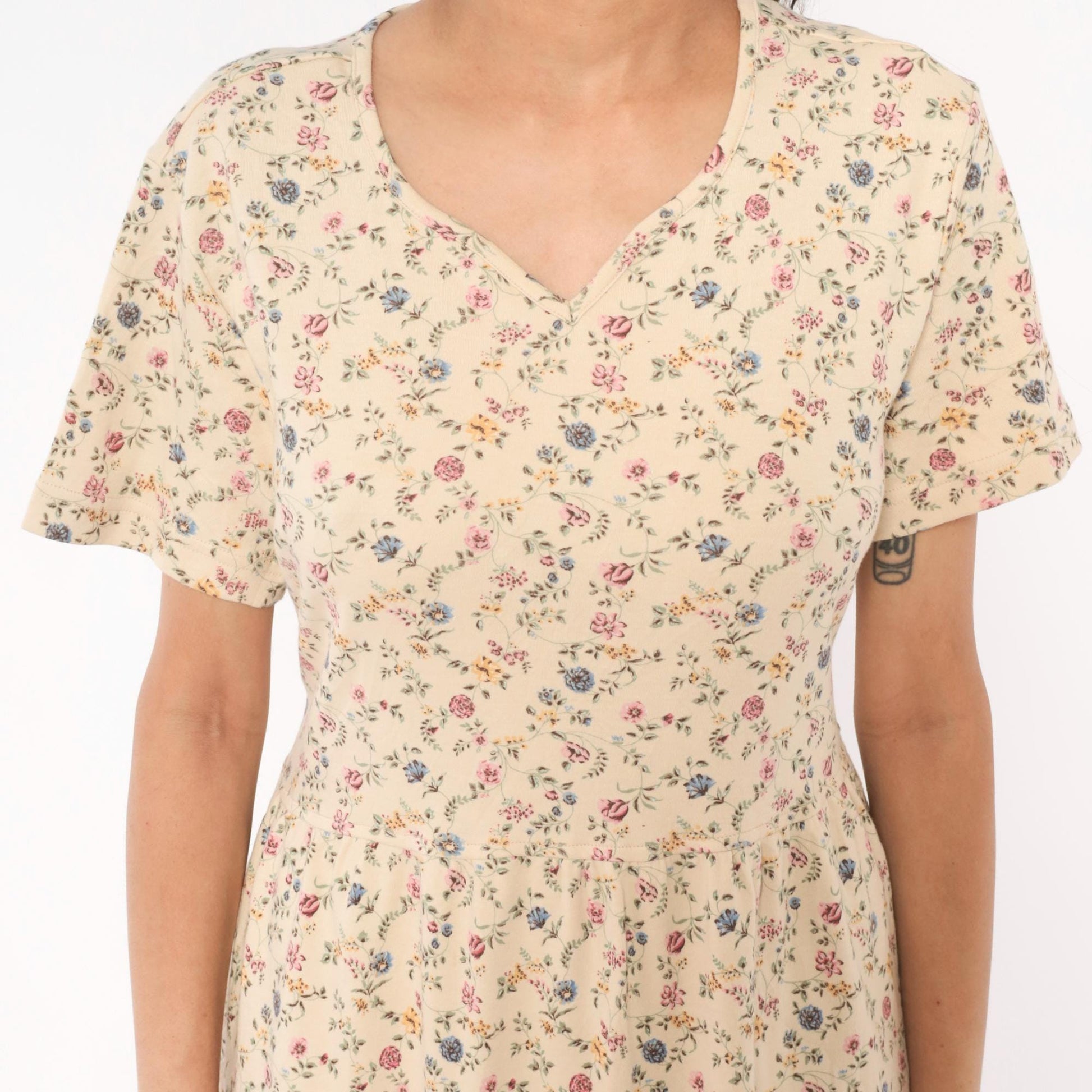 90s Blair Ditsy Floral Maxi Dress Cream Cotton Prairie V-Neck Medium Petite