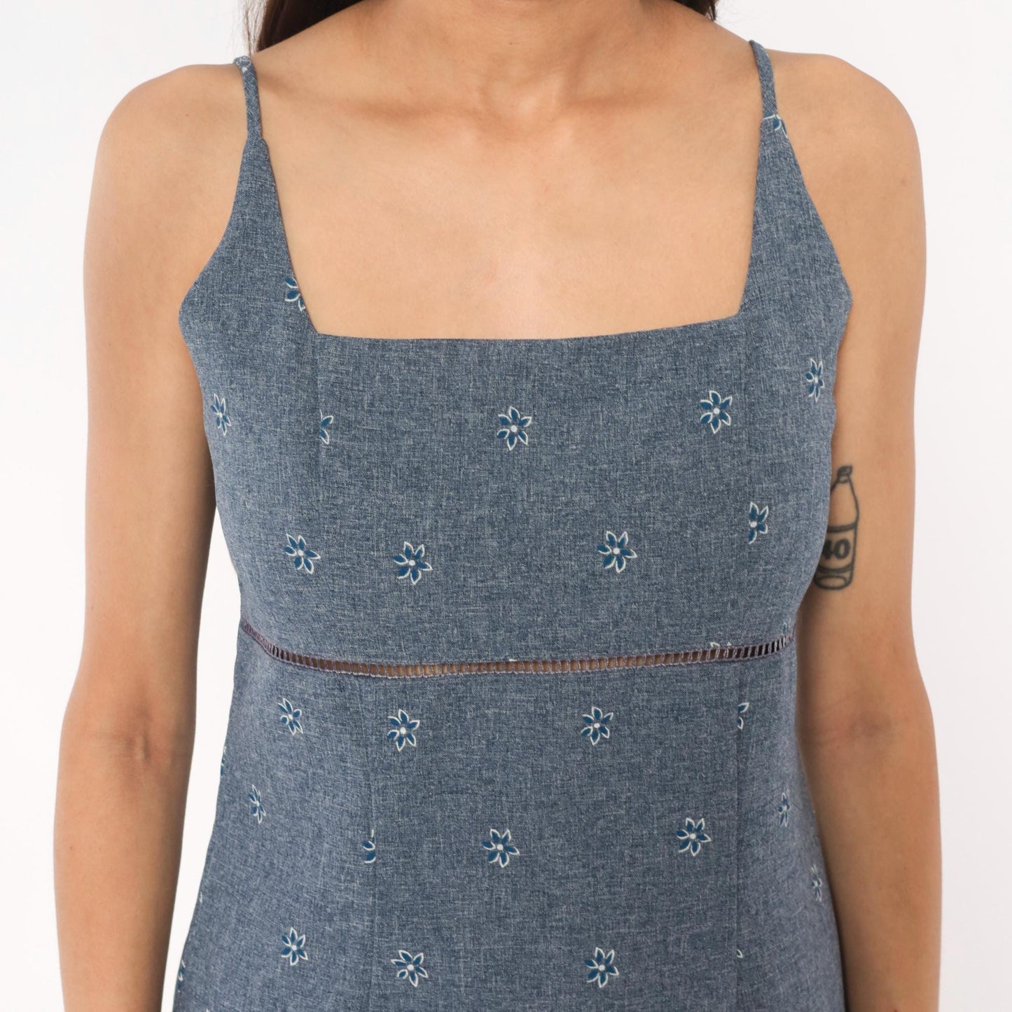 Y2K Alias Blue Chambray Floral Mini Dress Square Neck Spaghetti Strap Small