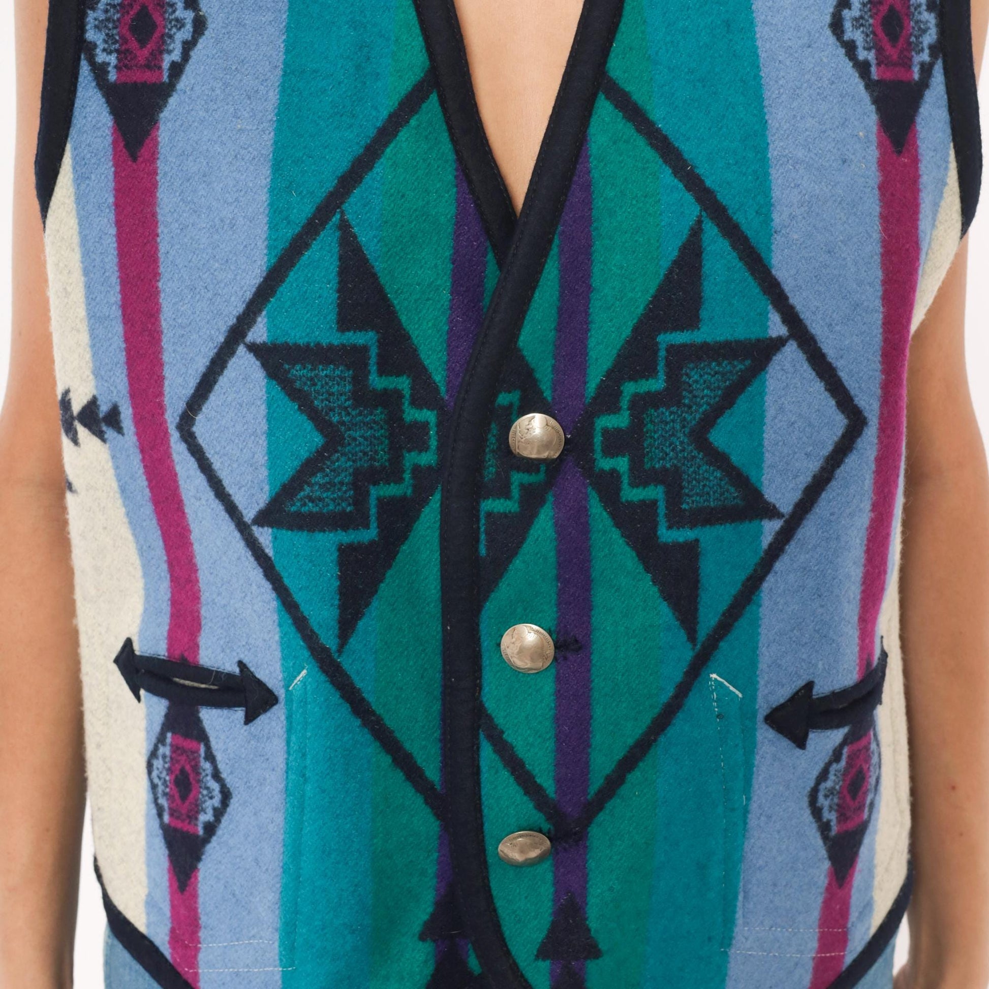 90s Southwestern Wool Vest Navy Geometric Aztec Concho Buttons Large L
