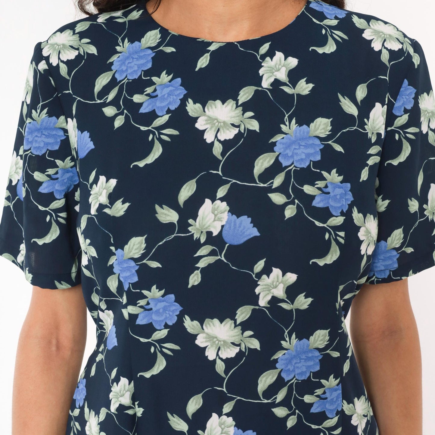 90s J.E. Fashion Floral Midi Dress Navy Blue Rose Print Short Sleeve Medium M