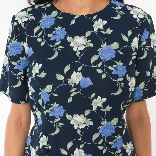 90s J.E. Fashion Floral Midi Dress Navy Blue Rose Print Short Sleeve Medium M