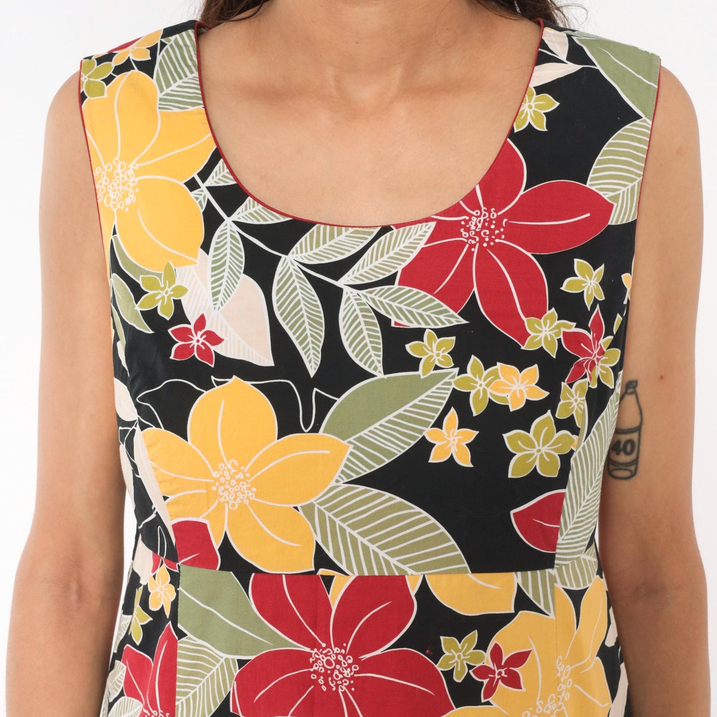 Y2K Erika Dresses Tropical Floral Sundress Black Red Yellow Knee-Length Large L