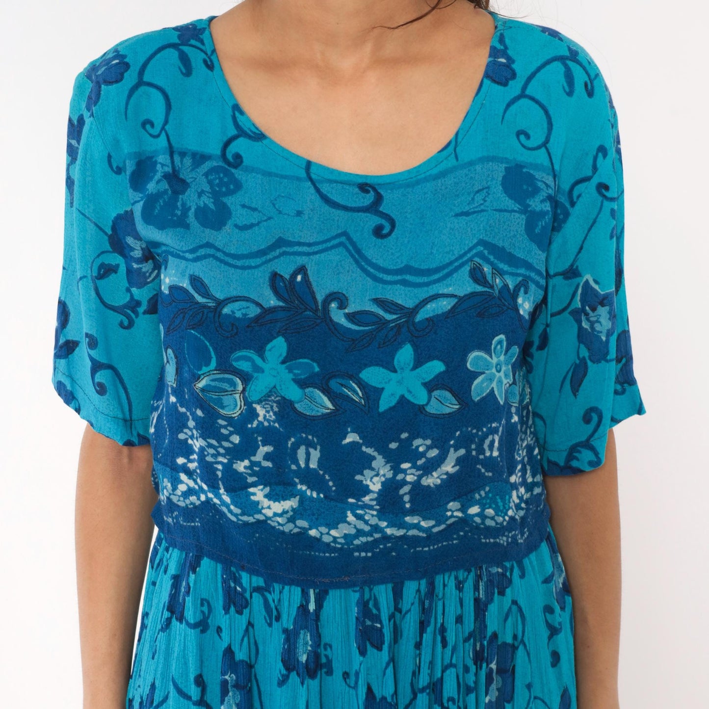 90s Style Teal Floral Maxi Dress Short Sleeve Vine Print Blue Medium M