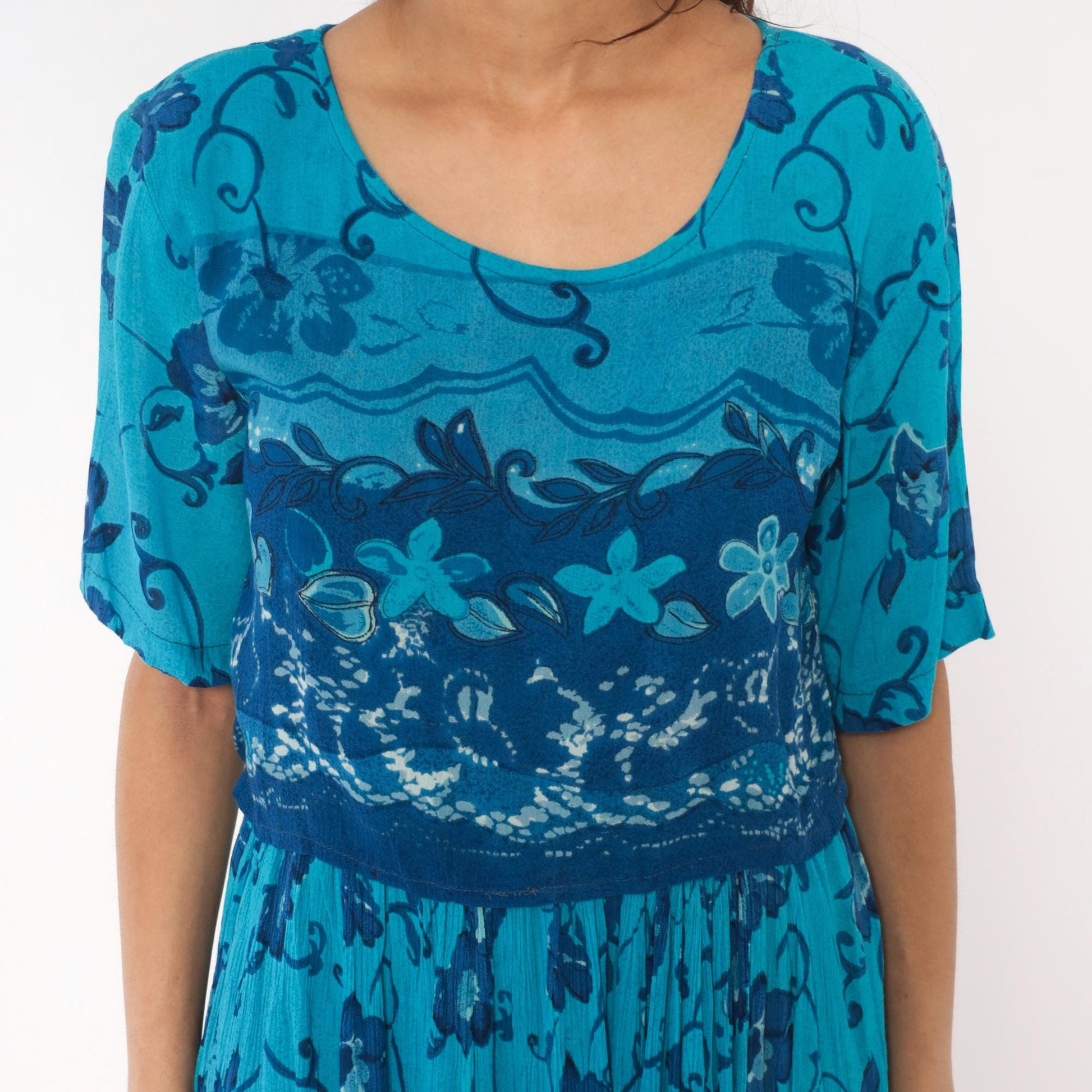 90s Style Teal Floral Maxi Dress Short Sleeve Vine Print Blue Medium M