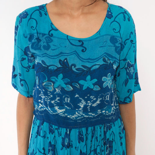 90s Style Teal Floral Maxi Dress Short Sleeve Vine Print Blue Medium M