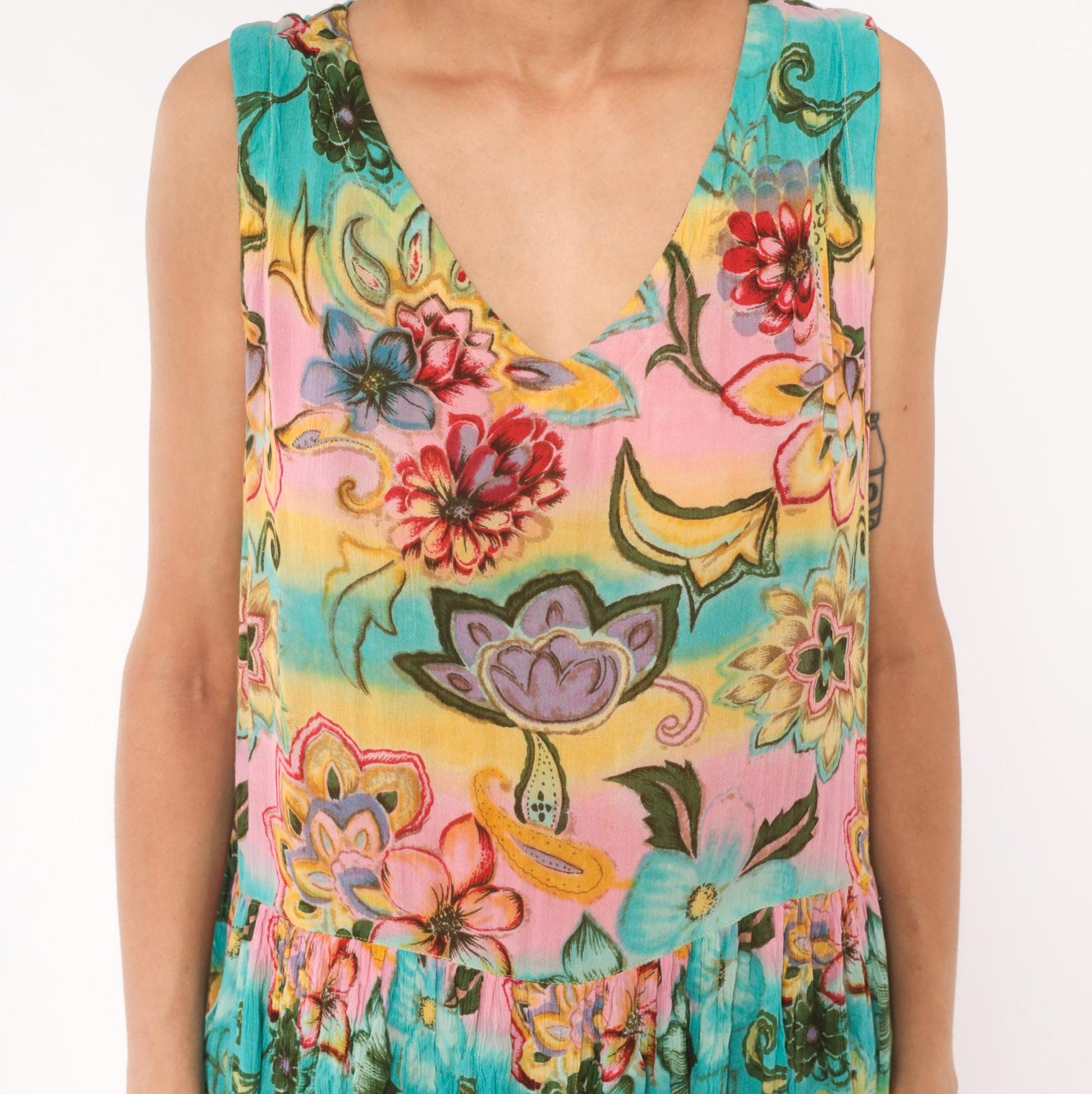 Y2K Bila Floral Maxi Dress Sleeveless V-Neck Tiered Pink Teal Yellow Medium M