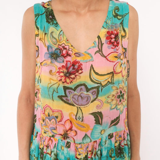Y2K Bila Floral Maxi Dress Sleeveless V-Neck Tiered Pink Teal Yellow Medium M