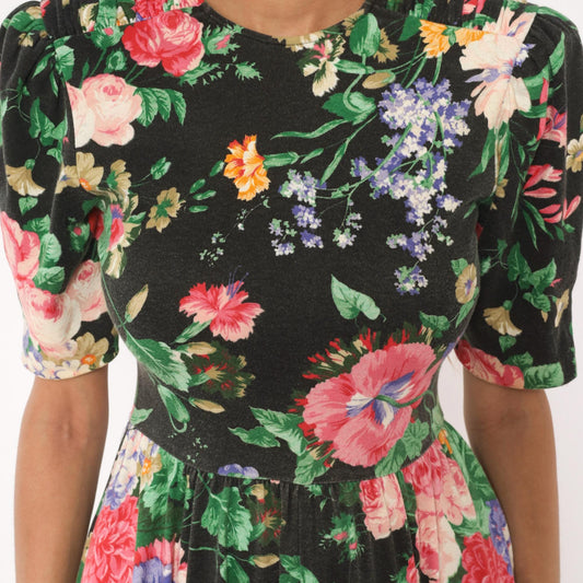 90s Expo Petite Floral Midi Dress Black Pink Puff Sleeve Small
