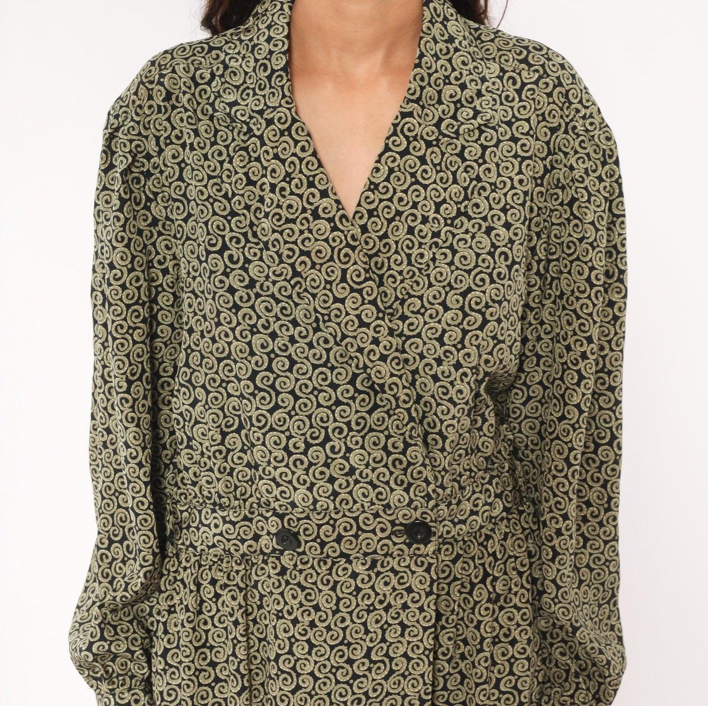 90s Liz Claiborne Navy Olive Scroll Print Midi Shirtdress Large L