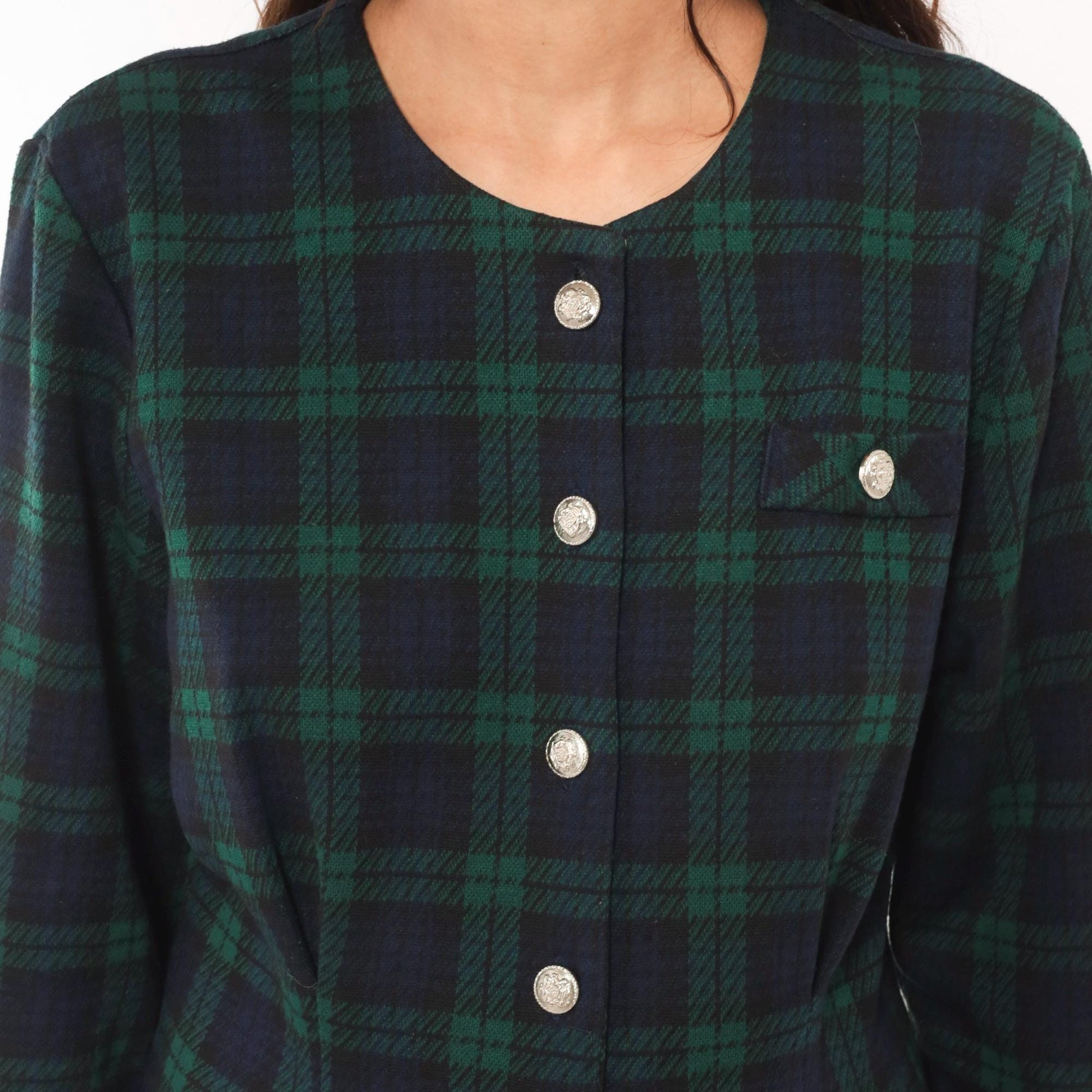 90s Miss Dorby Tartan Plaid Button-Front Shirtdress Navy Teal Cotton Large L