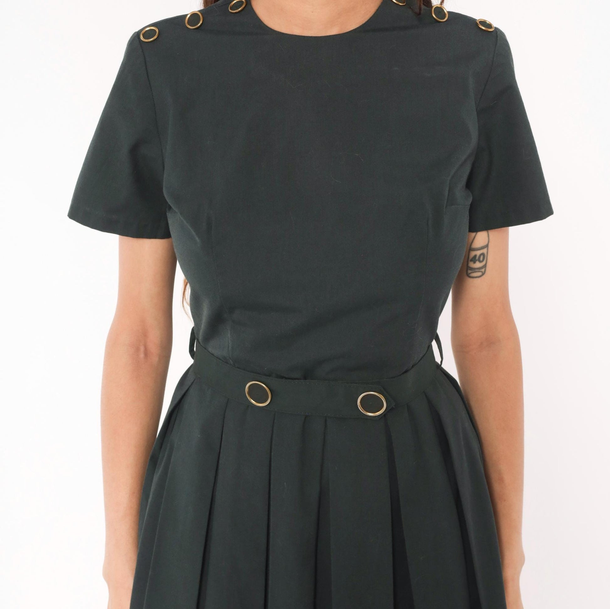 60s Charcoal Pleated A-Line Dress Gold Grommet Detail Cotton Small