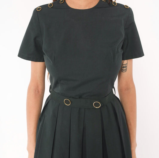 60s Charcoal Pleated A-Line Dress Gold Grommet Detail Cotton Small