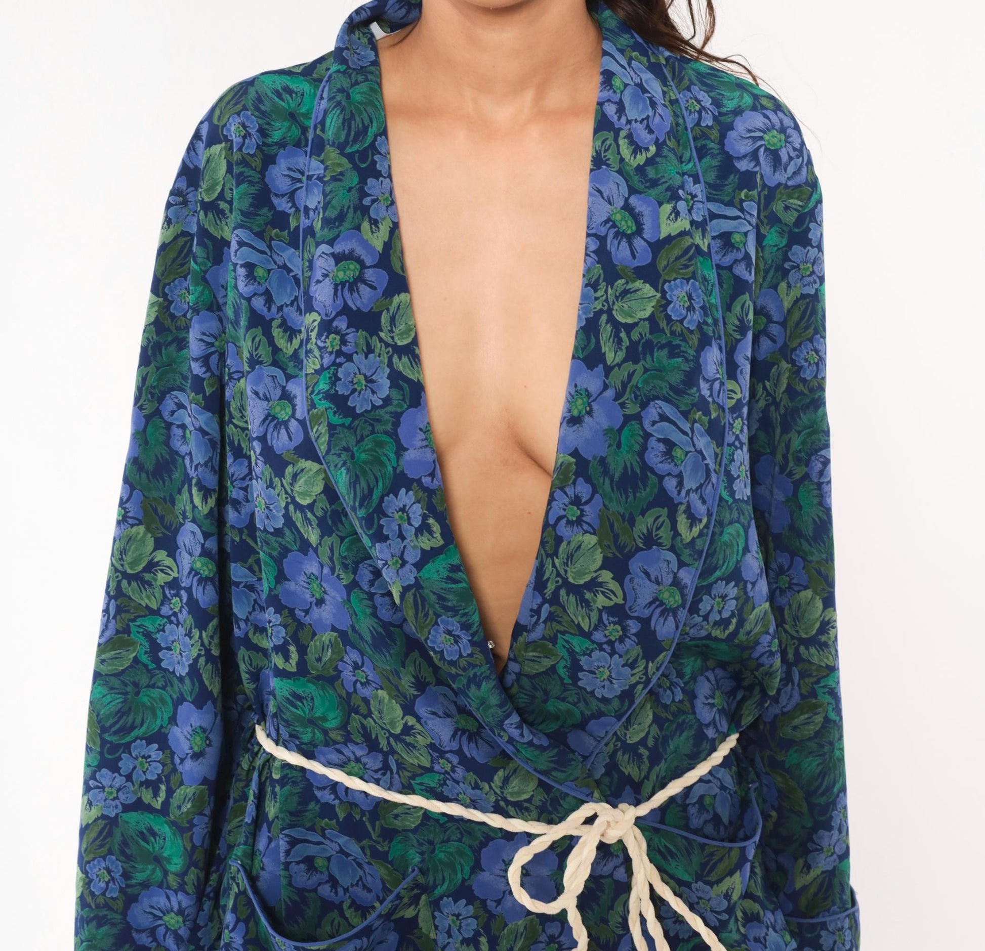 90s Cacique Floral Wrap Robe Periwinkle Navy Botanical Print Midi Large L