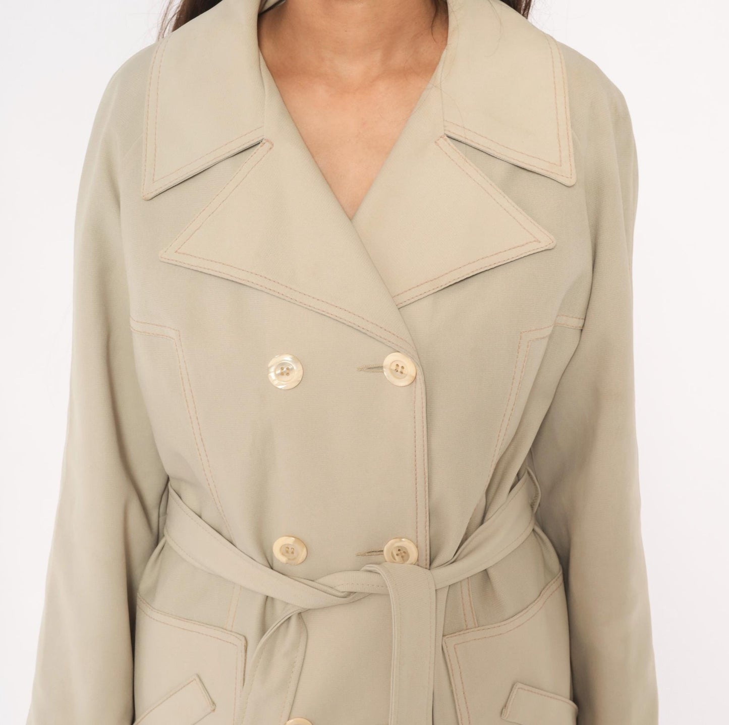 80s Double Breasted Trench Coat Beige Mid-Calf Belted Jacket Medium