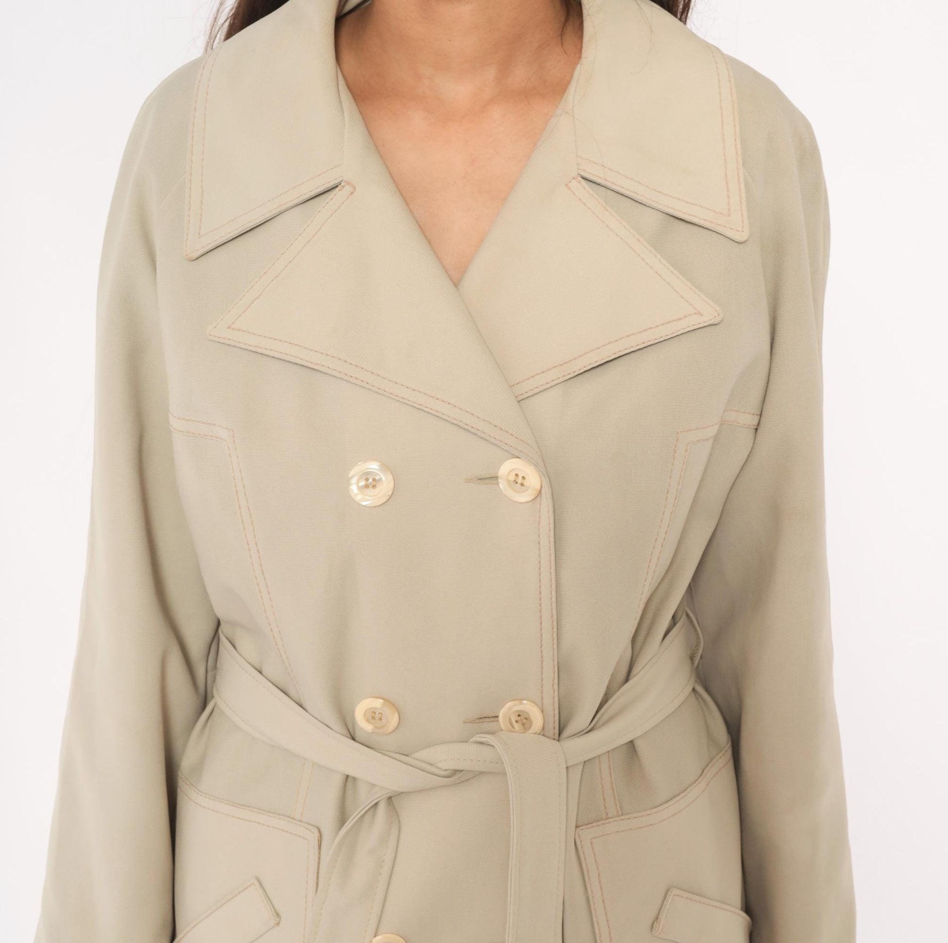 80s Double Breasted Trench Coat Beige Mid-Calf Belted Jacket Medium