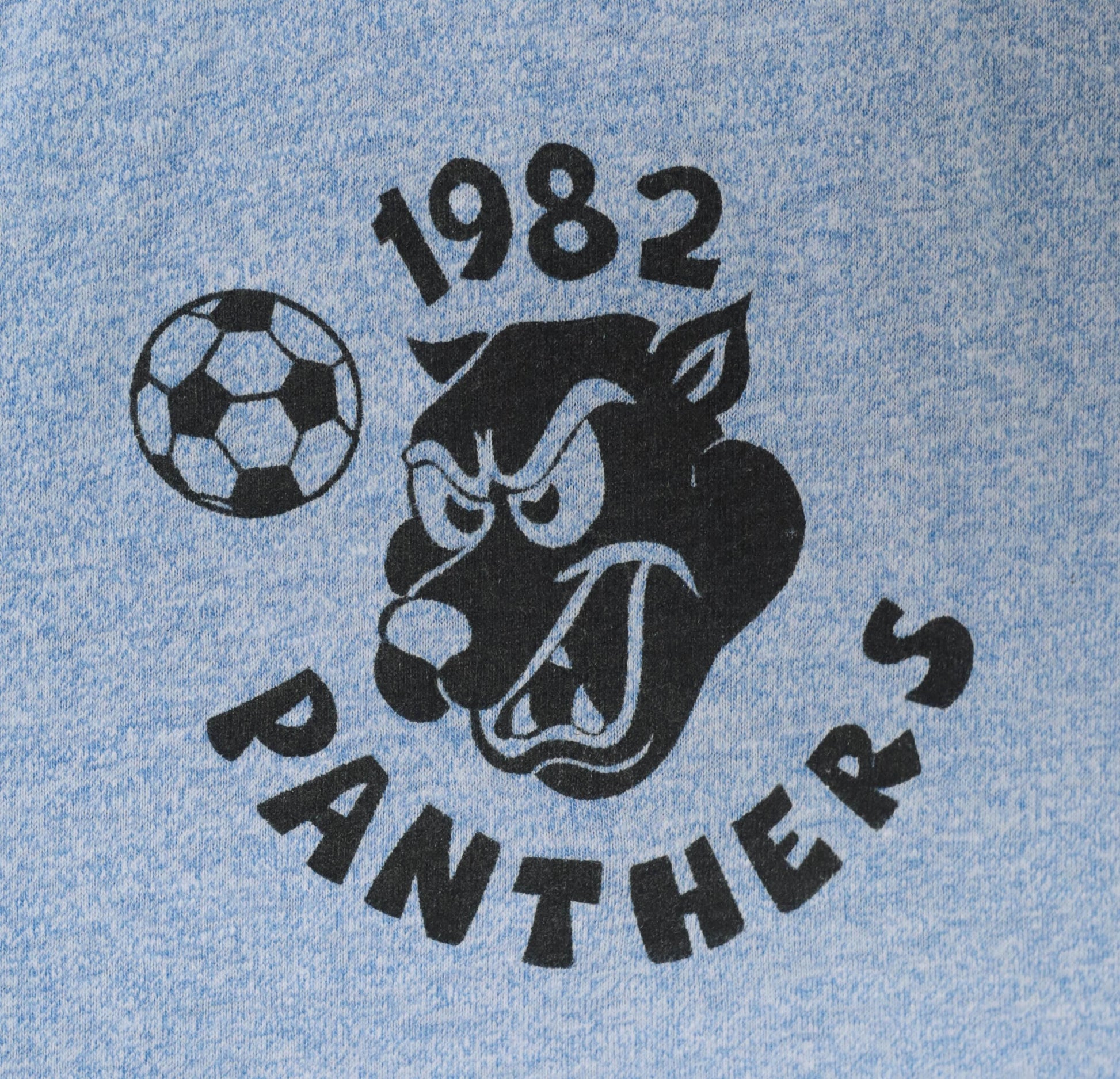 1982 Panthers Soccer Ringer Tee Blue Heather Navy Trim Graphic Large