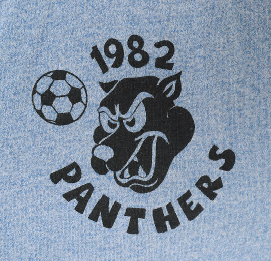 1982 Panthers Soccer Ringer Tee Blue Heather Navy Trim Graphic Large