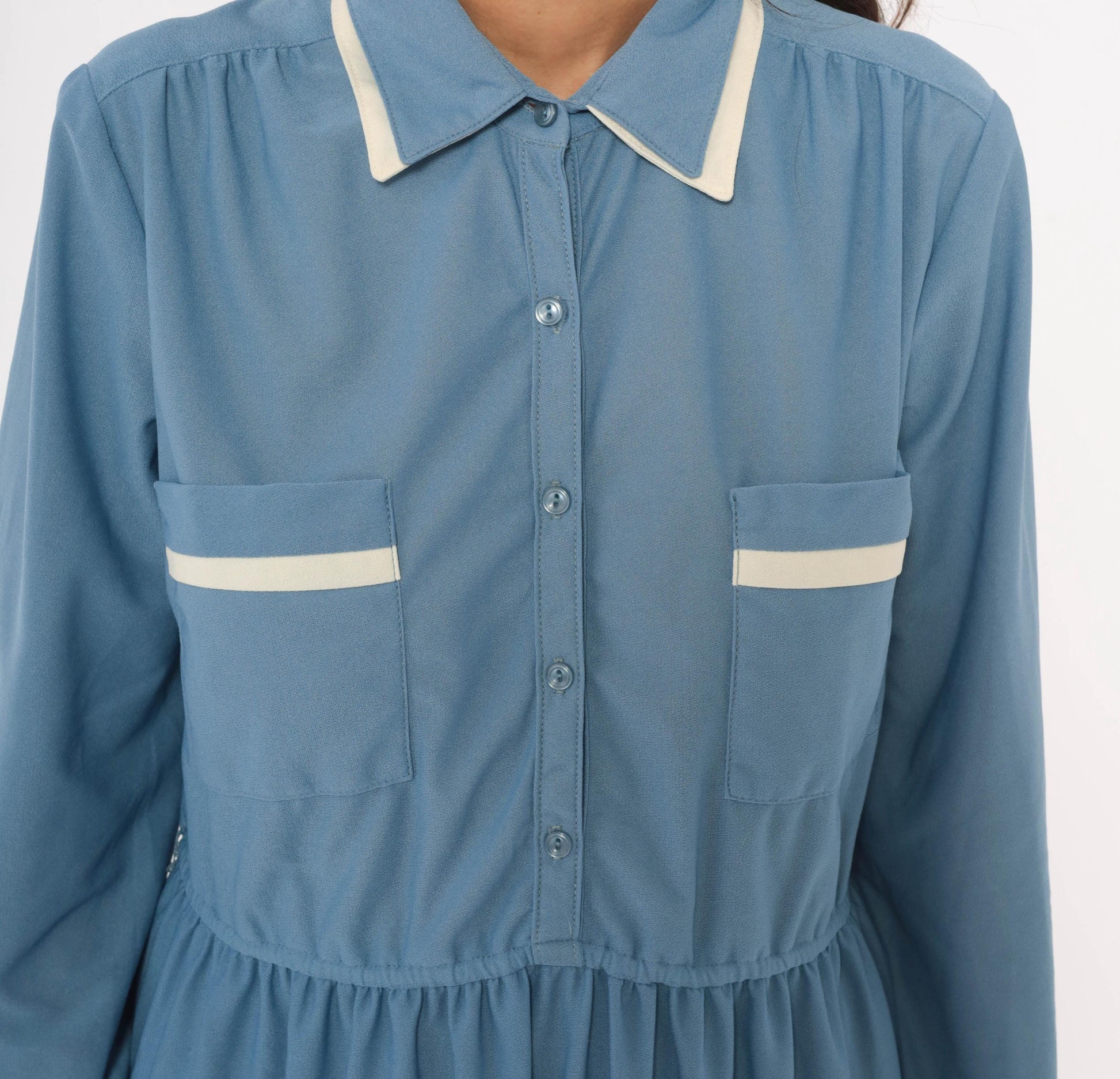 70s Stellas Powder Blue Shirt Dress Gathered Waist Knee Length Medium M