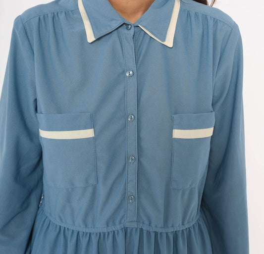 70s Stellas Powder Blue Shirt Dress Gathered Waist Knee Length Medium M