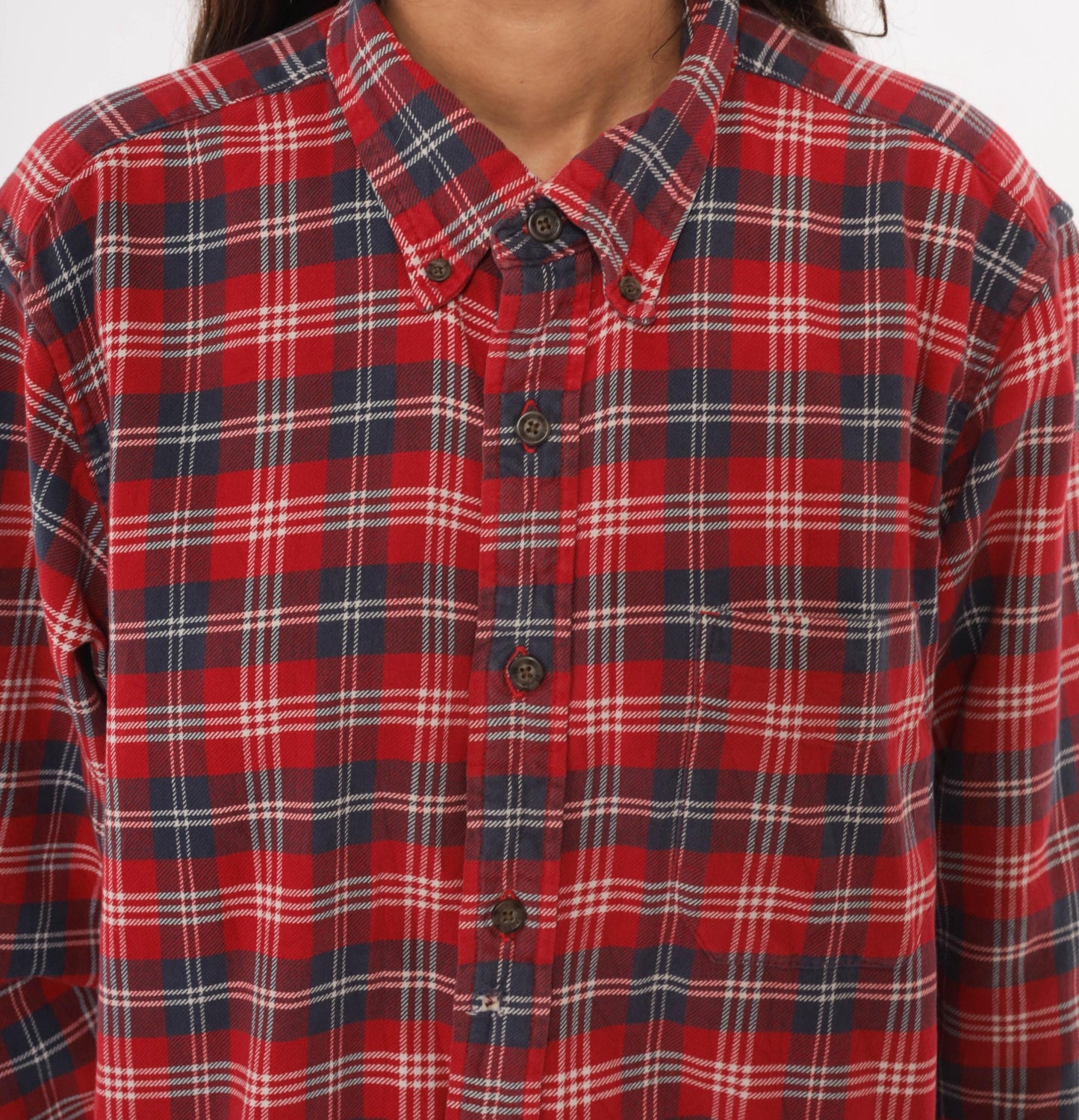 2000s Eddie Bauer Red Plaid Flannel Shirt Cotton Button-Up Large L