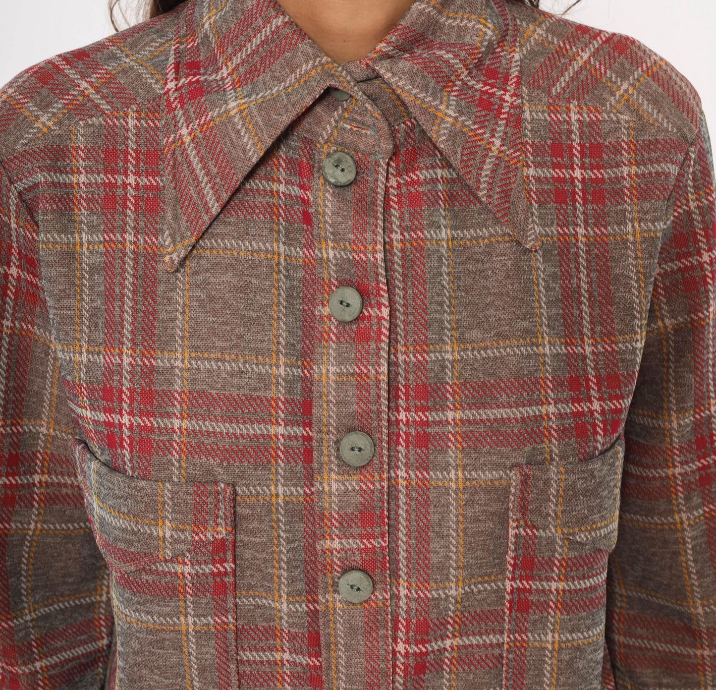 70s Plaid Shirt Jacket Grey Red Pointed Collar Button Front Medium