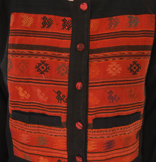 90s Black Cotton Ikat Woven Jacket Red Geometric Folk Art Medium M