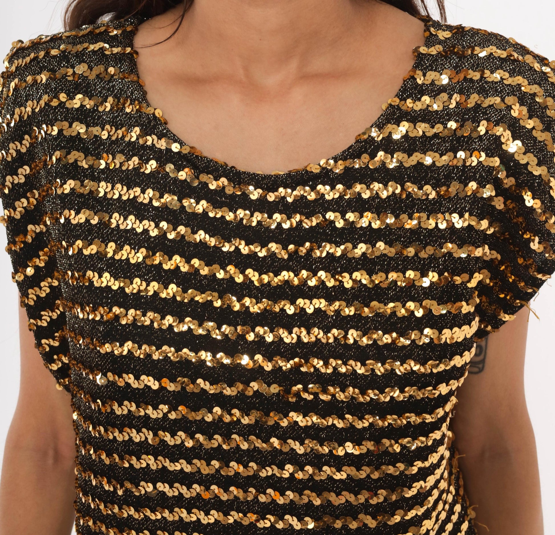 90s Jeri Marque Gold Sequin Striped Knit Top Black Cap Sleeve Medium Large